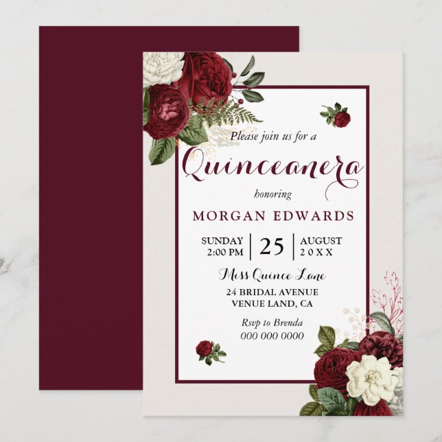Romantischer Burgund White Floral Quinceanera Einl Einladung (Vorne/Hinten)