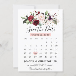 Romantischer Burgunder-Rot-Blush-Rosen-Blumenkalen Save The Date