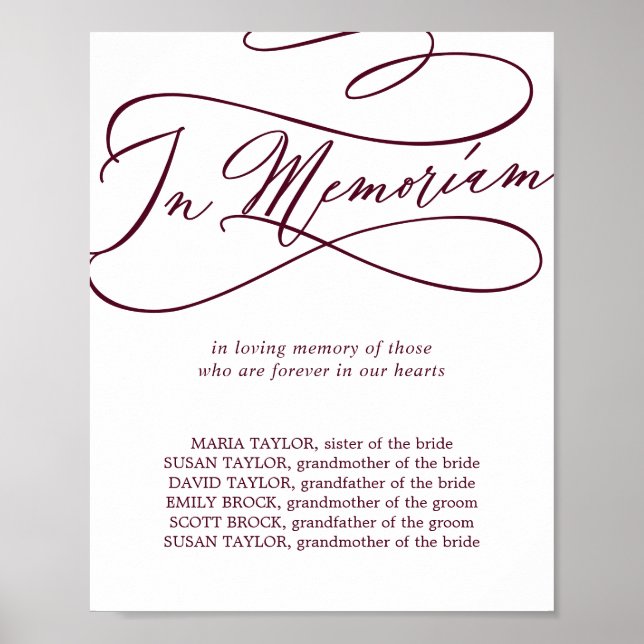 Romantischer Burgunder Text Hochzeit in Memoriam Poster (Vorne)
