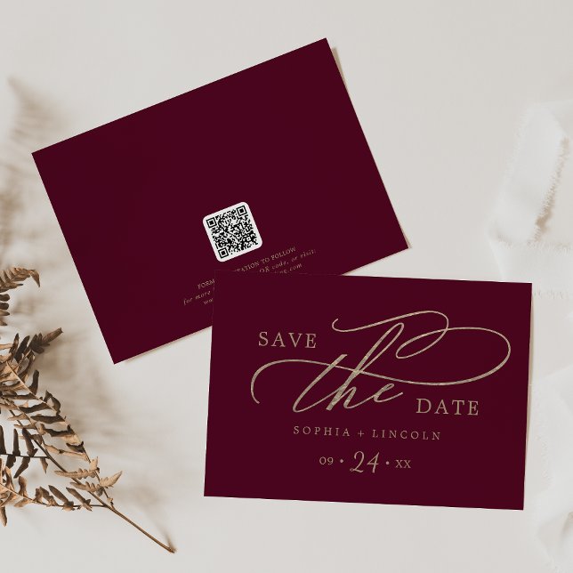 Romantischer Burgundy Calligraphy QR Code Horizont Save The Date (Von Creator hochgeladen)