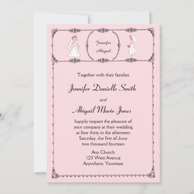 Romantischer Cartoon Brides Blush Hochzeit Einladu Einladung (Vorderseite)