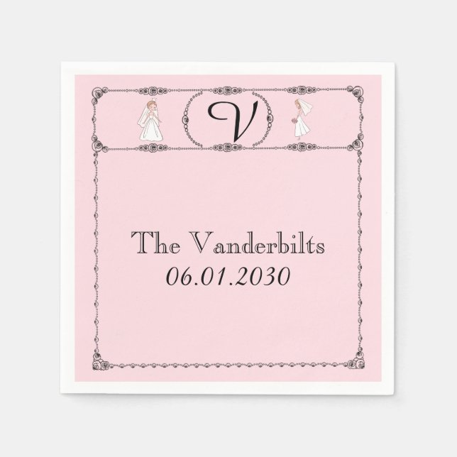 Romantischer Cartoon Brides Monogram Wedding Serviette (Vorderseite)
