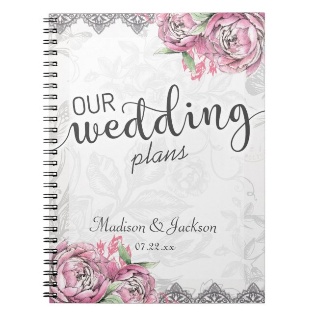Romantischer Chic Peony Floral & Lace Hochzeitspla Notizblock (Vorderseite)