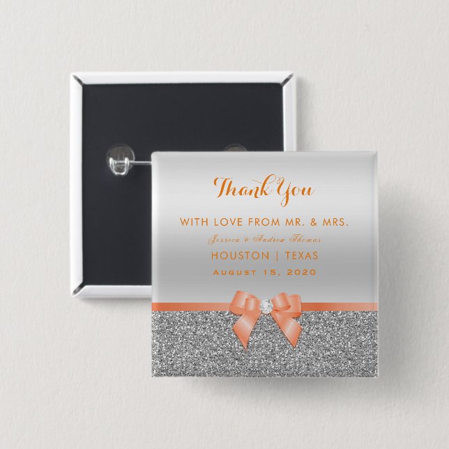 Romantischer Coral Bow & Silver Glitzer Hochzeit Button (Vorne & Hinten)