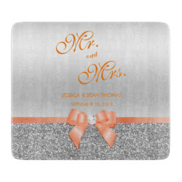 Romantischer Coral Bow & Silver Glitzer Hochzeit Schneidebrett