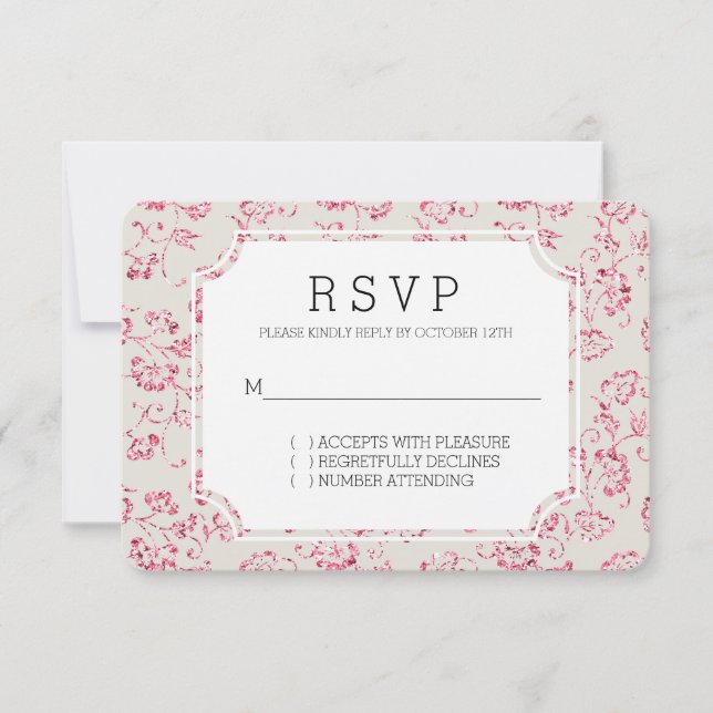 Romantischer Cream Pink Glitzer Blumenzange RSVP Karte (Vorderseite)