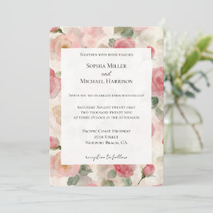 Romantischer Creme-Rouge-Pink-Rosen-Blumenhochzeit Einladung