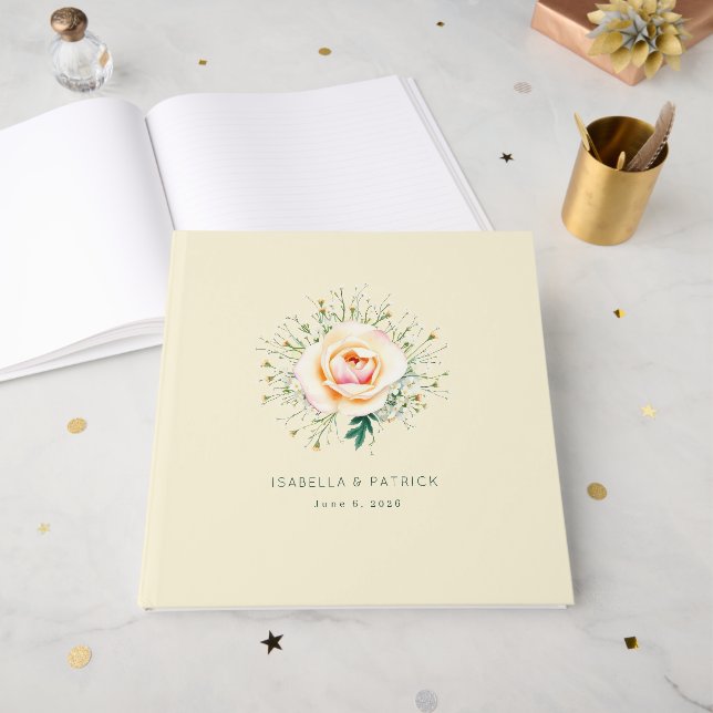 Romantischer cremefarbener Blumenkranz Gästebuch (Vorderseite offen)