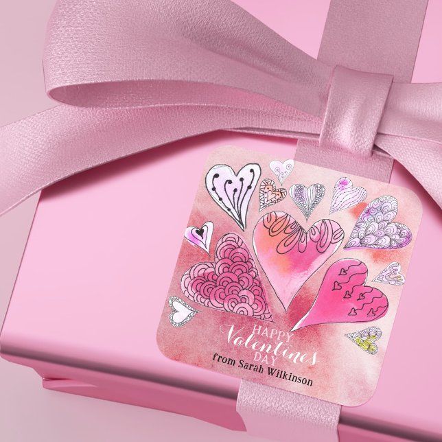 Romantischer Doodle Watercolor Herzchen Valentinst Quadratischer Aufkleber (Von Creator hochgeladen)