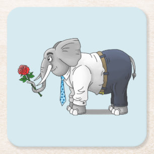 Romantischer Elefant hält eine rote Rose Rechteckiger Pappuntersetzer