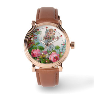 ROMANTISCHER ENGEL Sammelt rosa Rosen und Blumen Armbanduhr