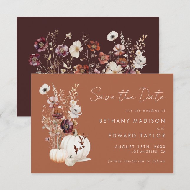Romantischer Fall Terracotta Wildblume Hochzeit Save The Date (Vorne/Hinten)