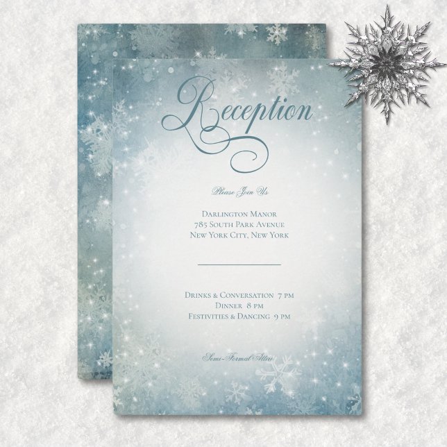 Romantischer Falling Snow Blue White Sparkle Empfa Begleitkarte (Romantic Falling Snow Blue White Sparkle Reception Enclosure Card)