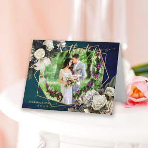 Romantischer Floraler Goldener Kranz Foto Hochzeit Dankeskarte