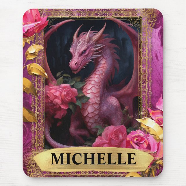 Romantischer Fuchsiendrache und Rose Fantasie Mousepad (Vorne)
