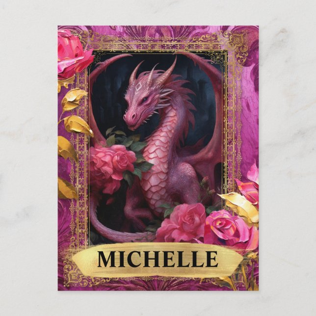 Romantischer Fuchsiendrache und Rose Fantasie Postkarte (Vorderseite)