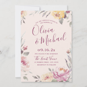 Romantischer Garten Aquarell Hochzeit mit Blumen Einladung