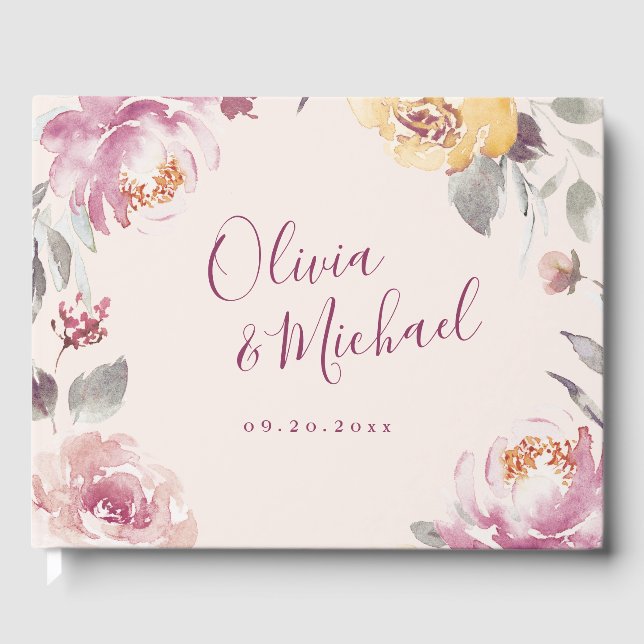 Romantischer Garten Aquarell Hochzeit mit Blumen Gästebuch (Vorderseite)