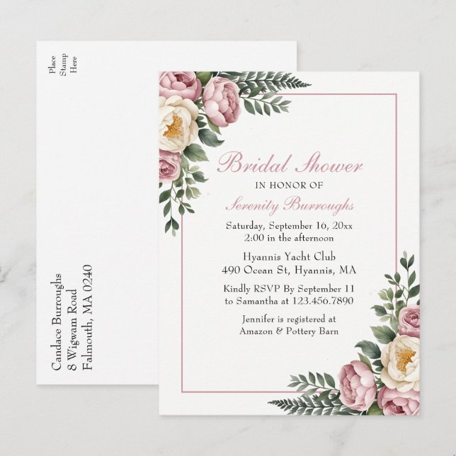 Romantischer Garten Blumen Peony & Rose Brautparty Einladungspostkarte (Vorne/Hinten)