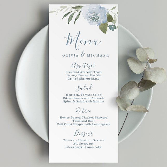 Romantischer Garten dustig blühende Hochzeit Menükarte (Romantic garden dusty blue floral wedding menu)