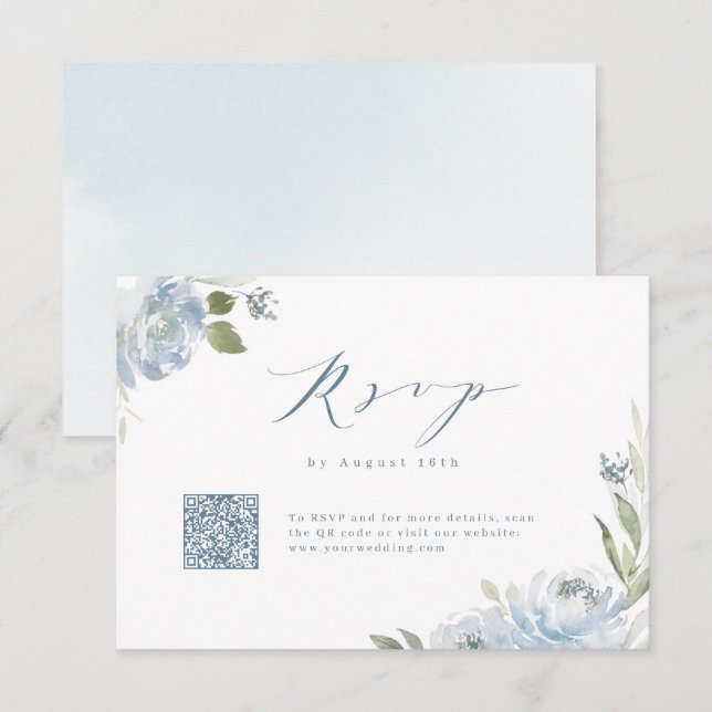 Romantischer Garten dusty Blue Blues Hochzeit QR-C RSVP Karte (Vorne/Hinten)