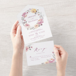 Romantischer Garten Mauve Blumenstrauß Hochzeit All In One Einladung