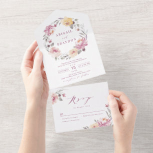 Romantischer Garten Mauve Blumenstrauß Hochzeit All In One Einladung