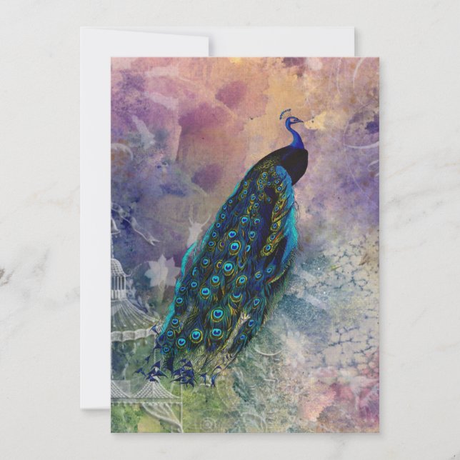 Romantischer Gazebo Pfau und Wasserfarbe Einladung (Vorderseite)