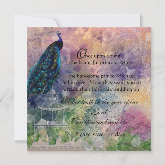 Romantischer Gazebo Pfau und Wasserfarbe Save The Date (Vorderseite)