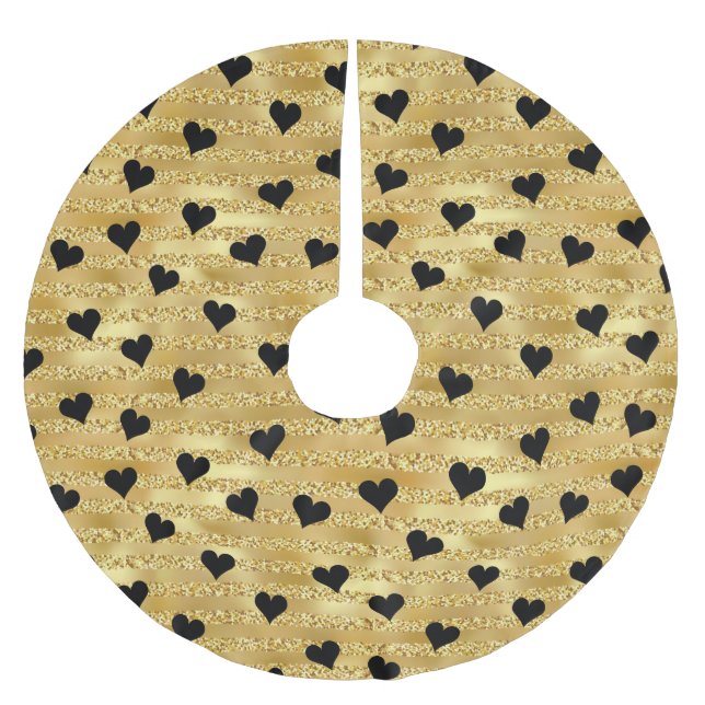 Romantischer Gold Glitzer Black Heart Design Weihn Polyester Weihnachtsbaumdecke (Vorderseite)