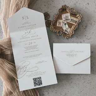 Romantischer Gold-Kalligrafie-Monogramm-QR-Code-Ho All In One Einladung