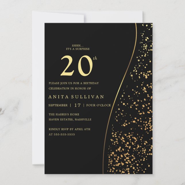 Romantischer Goldener Glitzer 20. Schwarzer Geburt Einladung (Vorderseite)