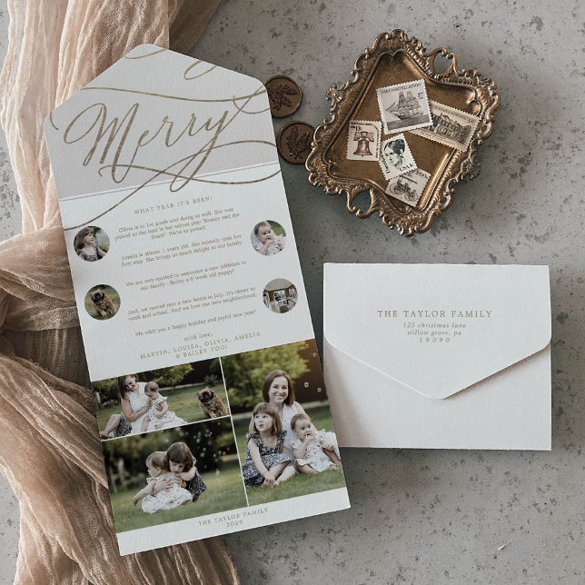 Romantischer Goldener Weihnachts-Multi-Foto-Urlaub All In One Einladung (Von Creator hochgeladen)