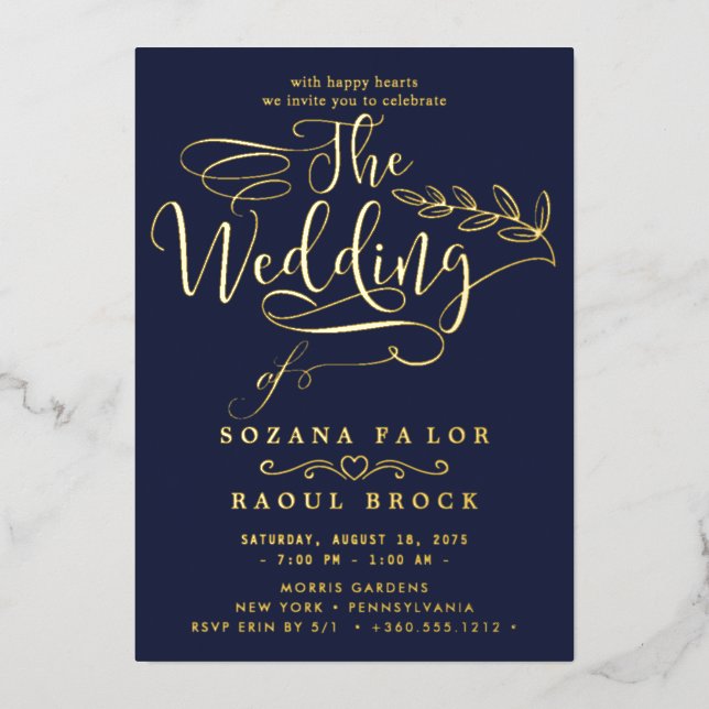 Romantischer Goldschmied | Blue Frame Wedding Folieneinladung (Vorderseite)