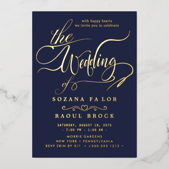 Romantischer Goldschmied | Blue Frame Wedding Folieneinladung (Vorderseite)