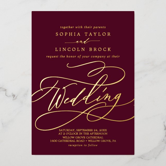 Romantischer Goldschmied | Burgundy Blüh Wedding Folieneinladung (Vorderseite)