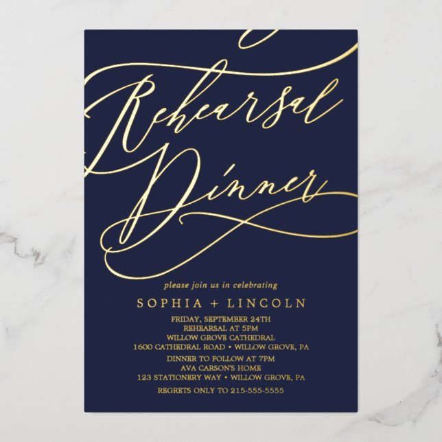 Romantischer Goldschmied | Navy Blue Probe Dinner Folieneinladung (Vorderseite)