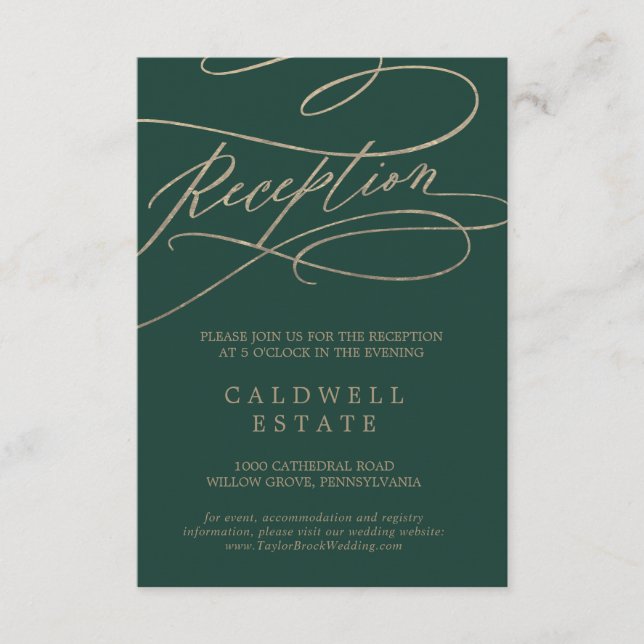 Romantischer Green Calligraphy Empfang Insert Card (Vorderseite)