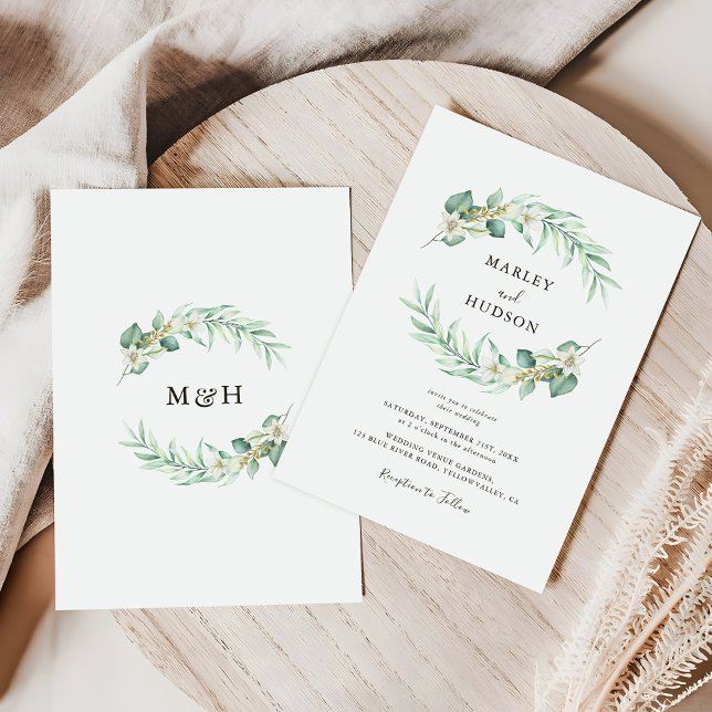Romantischer Grünkränze-Monogramm-Hochzeit Einladung (Von Creator hochgeladen)