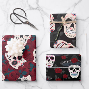 Romantischer Halloween-Zuckerschädel Mexikanisch Geschenkpapier Set