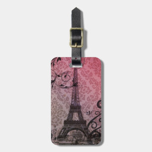 Romantischer Herbstrosa Damast Paris Eiffelturm Gepäckanhänger