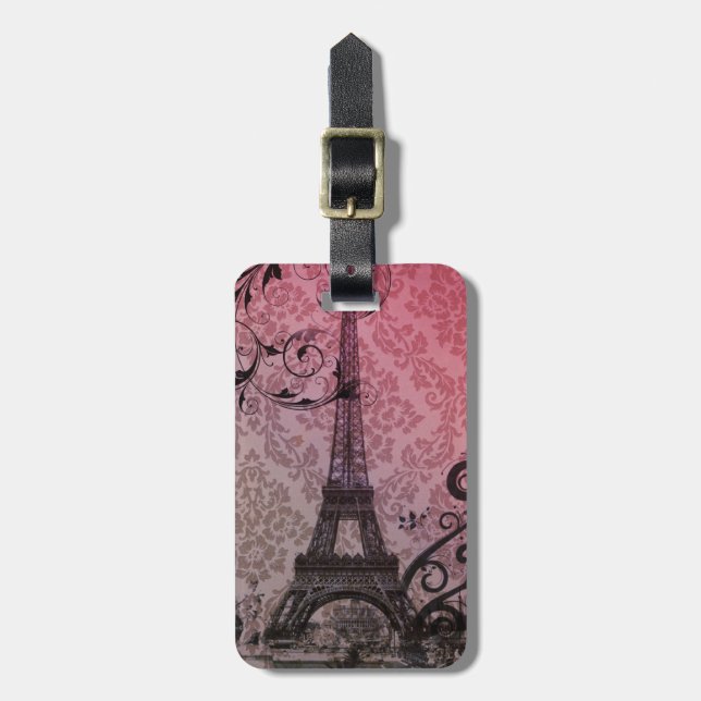 Romantischer Herbstrosa Damast Paris Eiffelturm Gepäckanhänger (Vorderseite vertikal)
