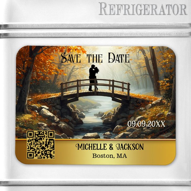 Romantischer Herbstwald - Heiratsankündigung Magnet (Save the Date magnet featuring a painting of a couple on a bridge in a fall forest - with QR code)