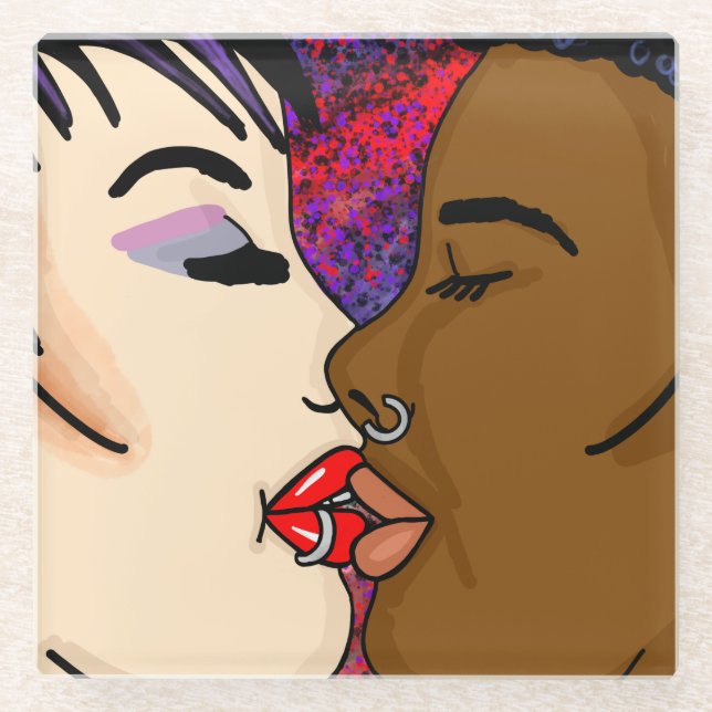 Romantischer Kiss | Interrassische Romantik Glasuntersetzer (Vorderseite)