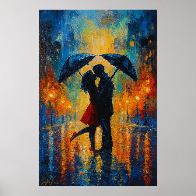 Romantischer Kuss im Regen Poster (Vorne)