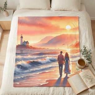 Romantischer Küsten-Sonnenuntergang-Leuchtturm-Spa Fleecedecke