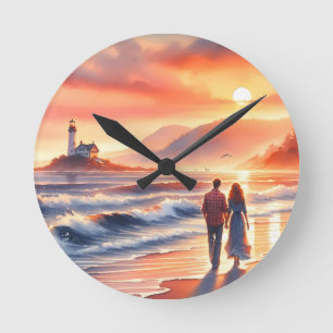 Romantischer Küsten-Sonnenuntergang-Leuchtturm-Spa Runde Wanduhr