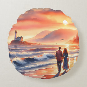 Romantischer Küsten-Sonnenuntergang-Leuchtturm-Spa Rundes Kissen
