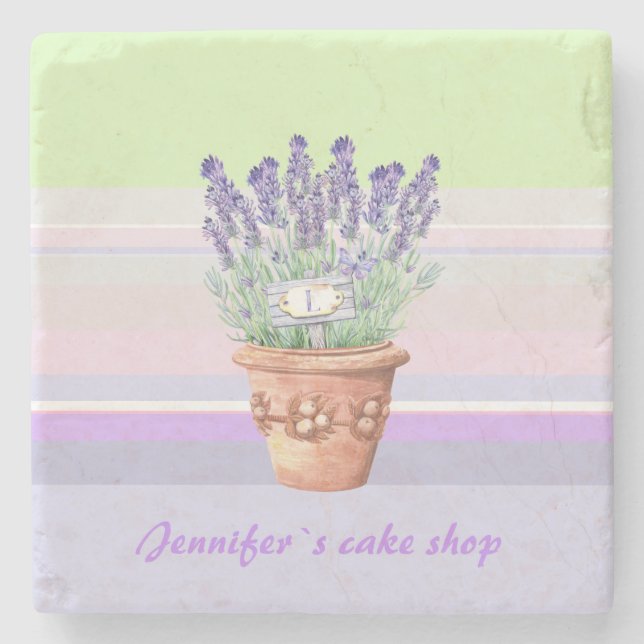Romantischer Lavendel und Name auf gestreiftem Pas Steinuntersetzer (Vorderseite)