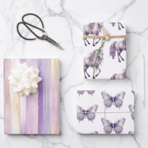 Romantischer Lavendel Weißes Pferd Streifen Geburt Geschenkpapier Set